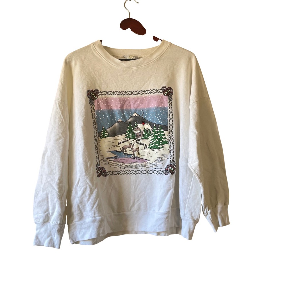 Vintage‎ Women's Winter Scene Crewneck Sweatshirt Cream size xl